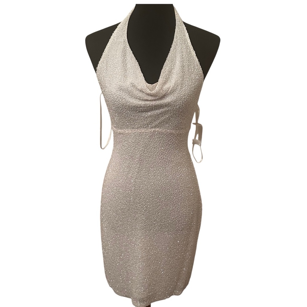 Elegant White Halter Mini Dress NWOT Silk Beaded Backless